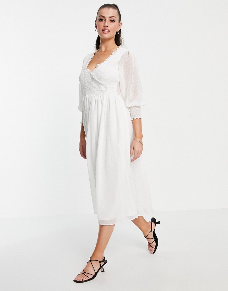ASOS DESIGN textured midi smock dress with shirred cuffs in white