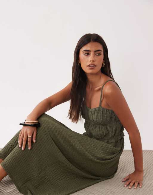 ASOS DESIGN textured midi sundress in khaki, 2 of 4