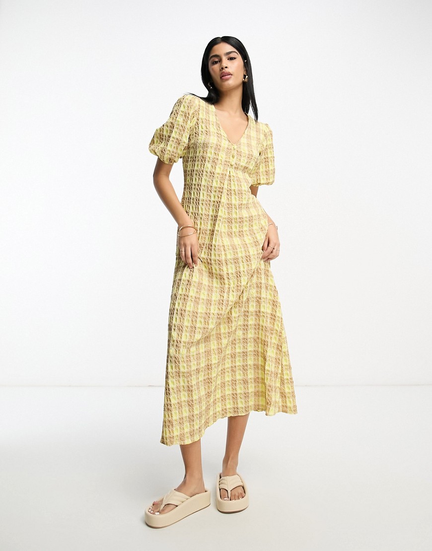 ASOS DESIGN textured midi tea dress in yellow check-Multi