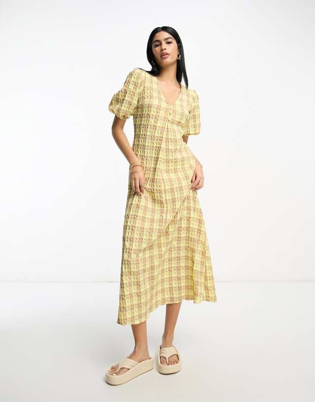 ASOS DESIGN textured midi tea dress in yellow check