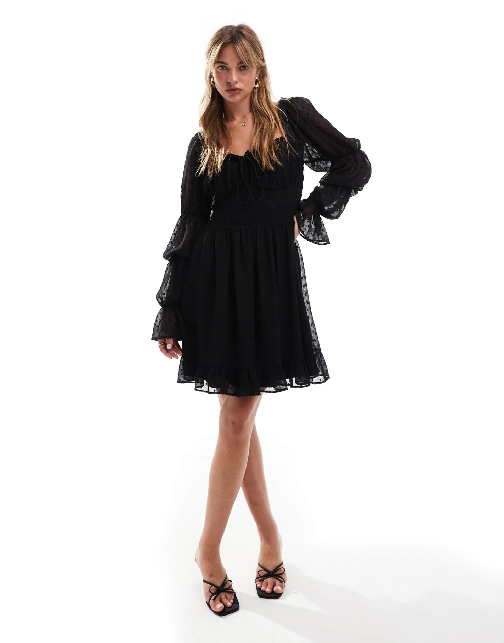 asos design textured milkmaid long sleeve shirred waist mini dress in black