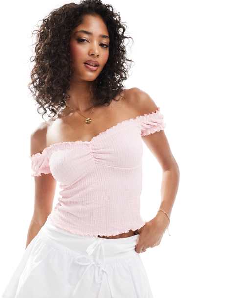 ASOS DESIGN textured milkmaid top in pink - view 1