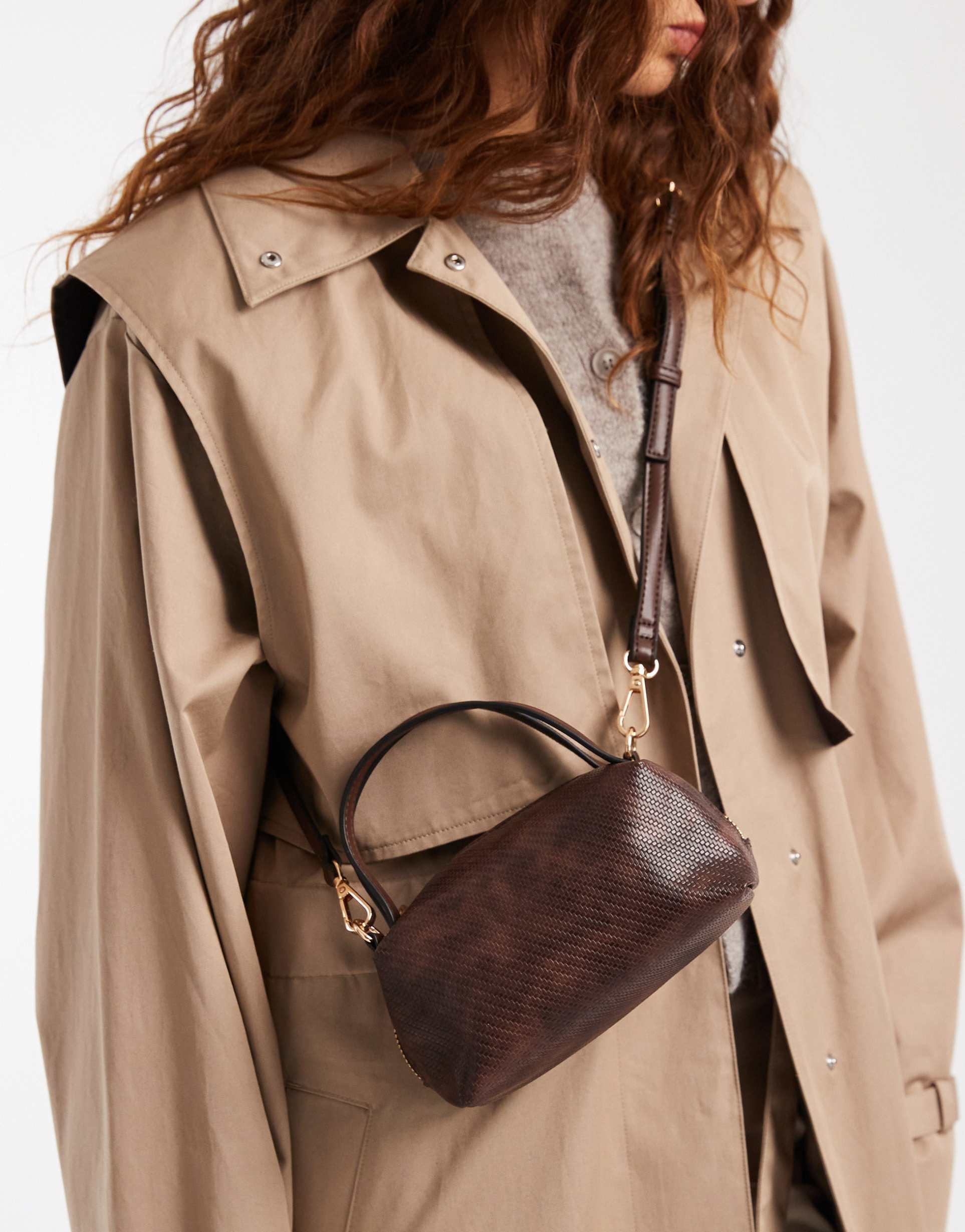 asos design textured mini clutch bag with cross-body strap in chocolate