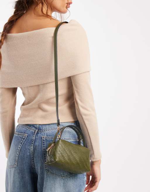 ASOS DESIGN textured mini clutch bag with cross-body strap in woven green