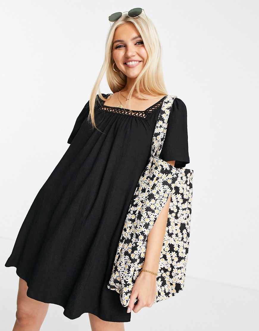 ASOS DESIGN textured mini dress with crochet trim in black