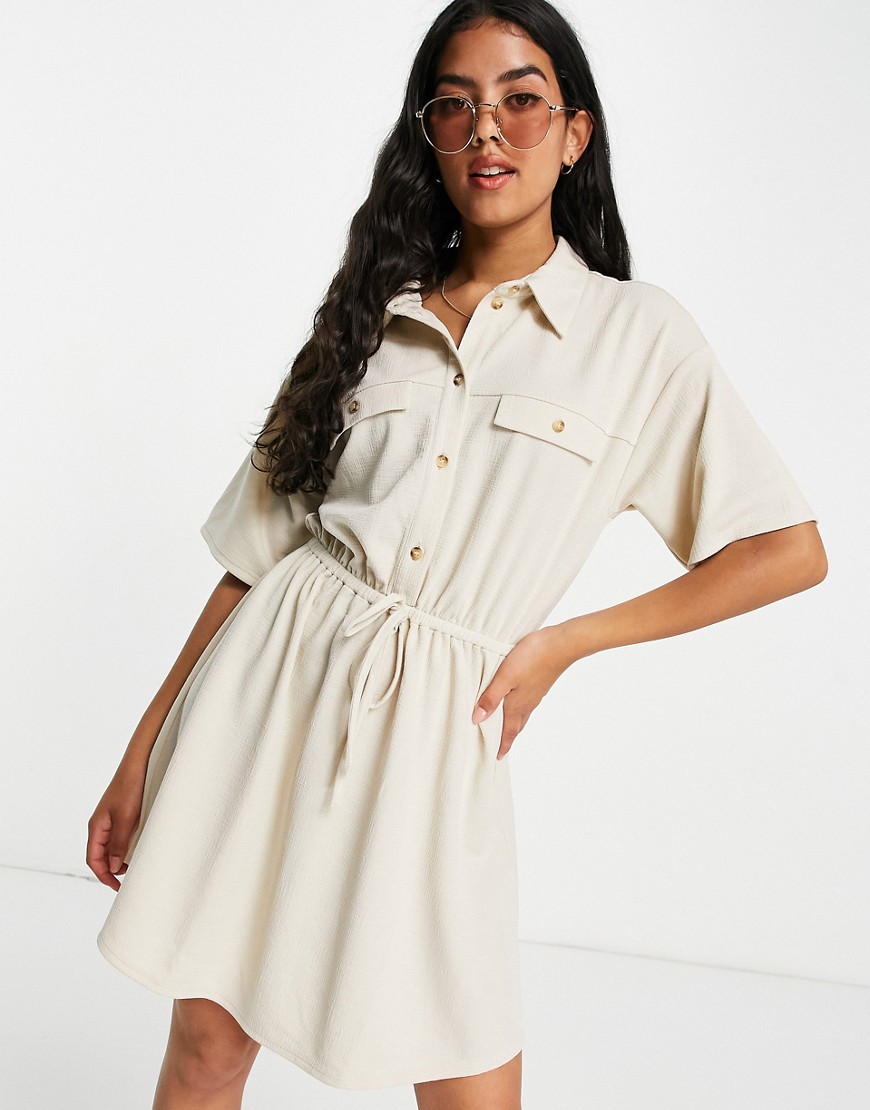 Asos Design Textured Mini Shirt Dress With Horn Buttons In Cream-white