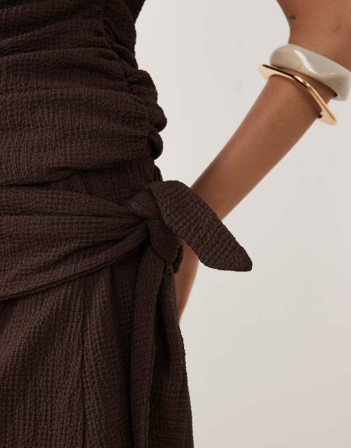 ASOS DESIGN textured mini skirt with tie side in brown, 4 of 5