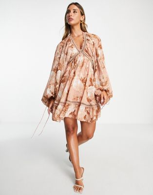 ASOS DESIGN textured mini smock dress with blouson sleeve in dusty rose floral print