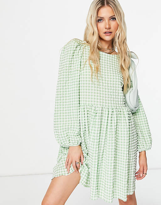  textured mini smock dress with strappy back in green and white gingham 