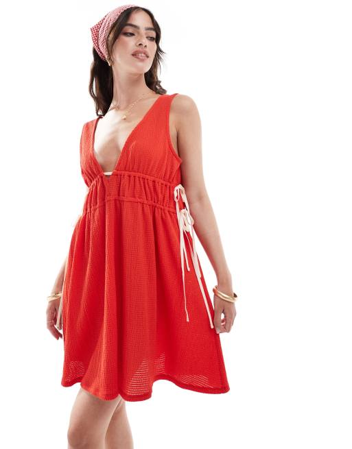 FhyzicsShops DESIGN textured mini sundress with tie detail in red