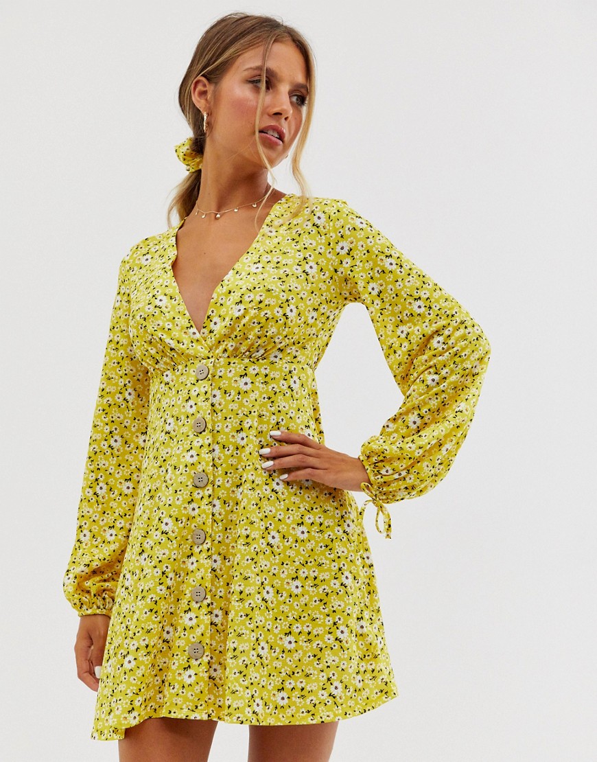 ASOS DESIGN textured mini tea dress with matching scrunchie in yellow floral ditsy print-Multi