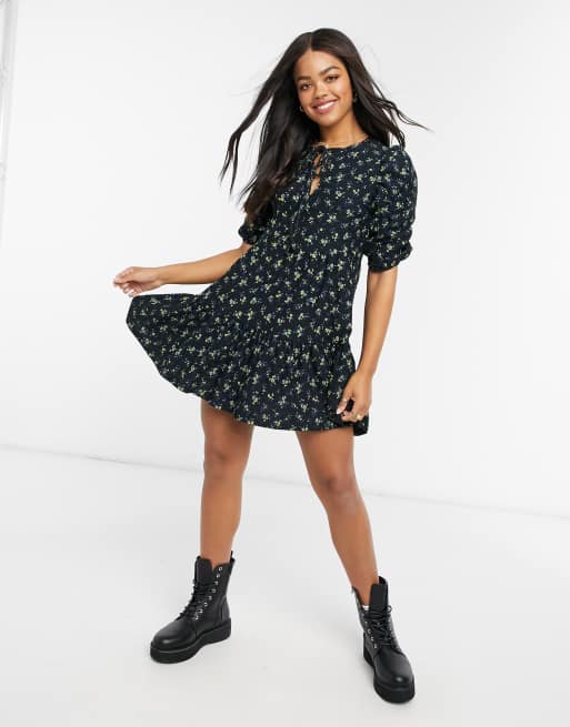 ASOS DESIGN textured mini tiered smock dress in black floral | ASOS