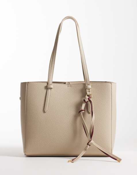 ASOS DESIGN textured multi compartment tote bag with detachable bag charm in stone - view 1