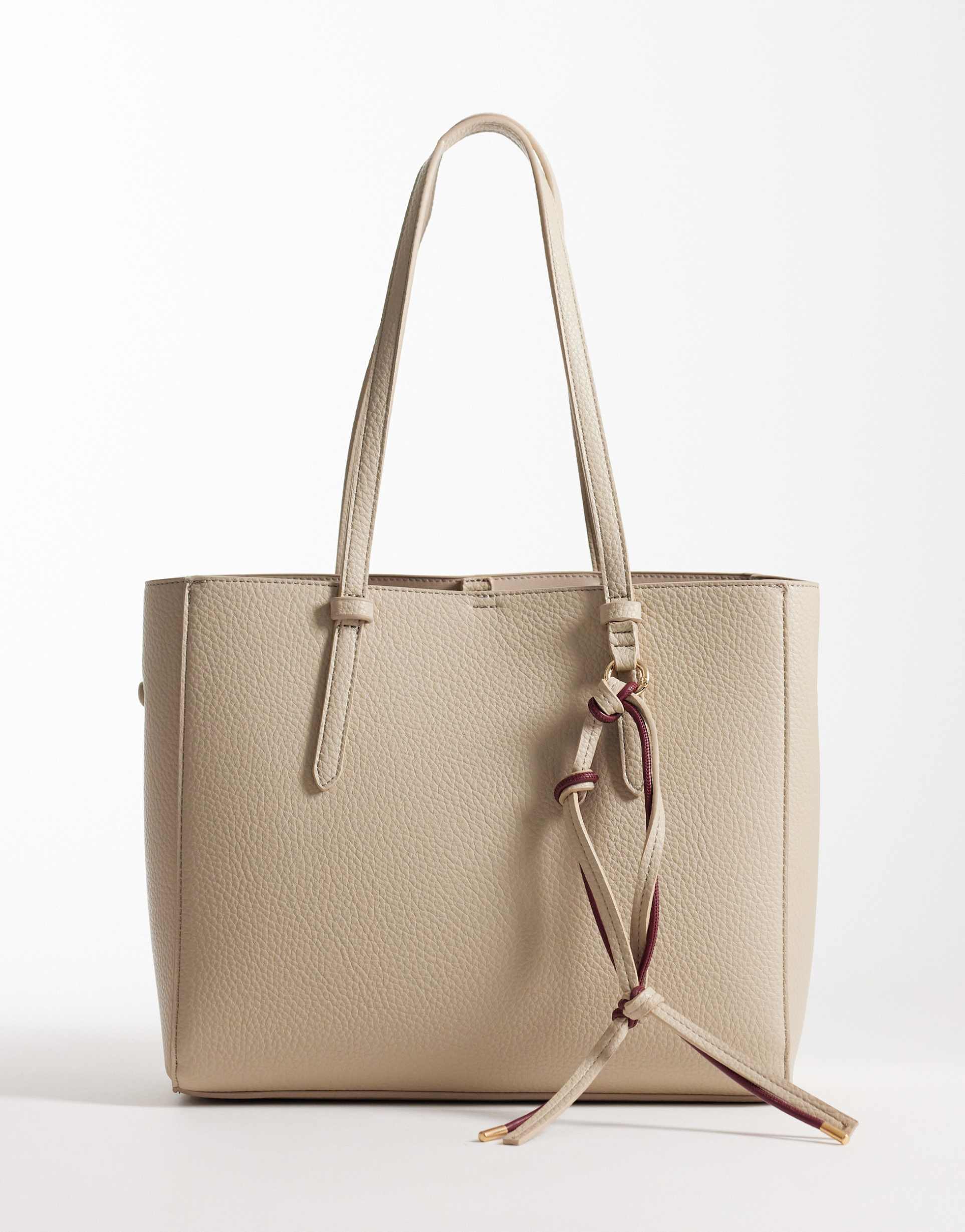 asos design textured multi compartment tote bag with detachable bag charm in stone