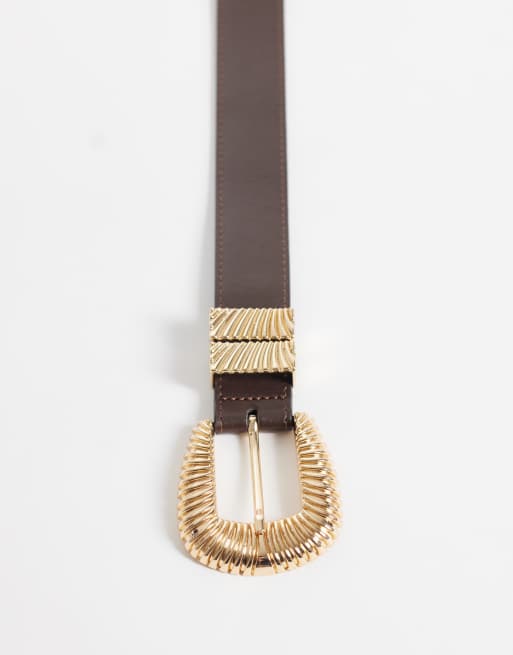 ASOS DESIGN textured multi keeper belt in chocolate with gold buckle, 3 of 4