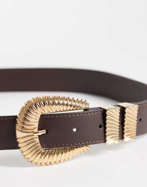 ASOS DESIGN textured multi keeper belt in chocolate with gold buckle, 4 of 4