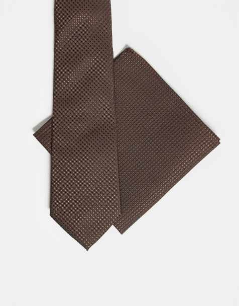 ASOS DESIGN textured neck tie and pocket square in brown - view 1