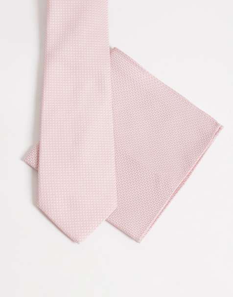 ASOS DESIGN textured neck tie and pocket square in pink - view 1