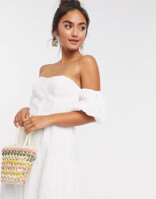 white off the shoulder button up dress