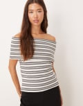 [ASOS DESIGN] ASOS DESIGN textured off shoulder tee in navy stripe L Navy stripe