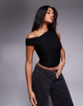 [ASOS DESIGN] ASOS DESIGN textured off shoulder top with ruching detail in black 16 Black