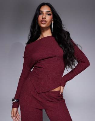 Asos Design Textured Off The Shoulder Asymmetric Hem Top In Burgundy - Part Of A Set In Red