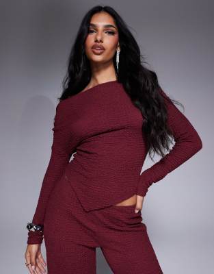 textured off the shoulder asymmetric hem top in burgundy - part of a set