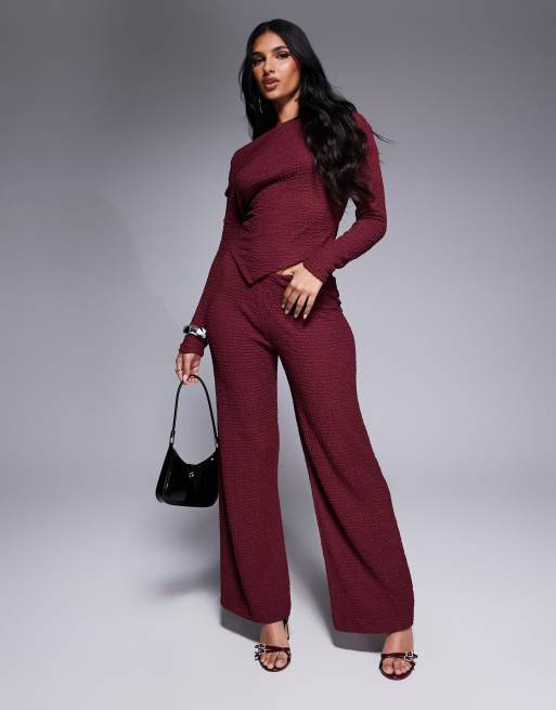 ASOS DESIGN textured off the shoulder asymmetric hem top in burgundy - part of a set