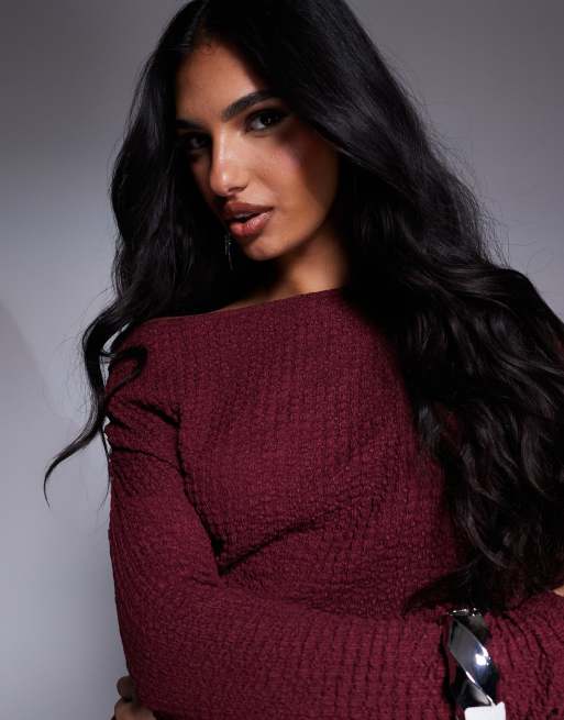 ASOS DESIGN textured off the shoulder asymmetric hem top in burgundy - part of a set