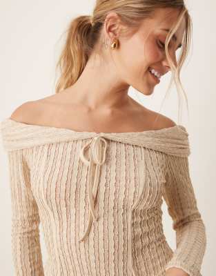 Asos Design Textured Off The Shoulder Long Sleeve Top With Tie Detail In Neutral