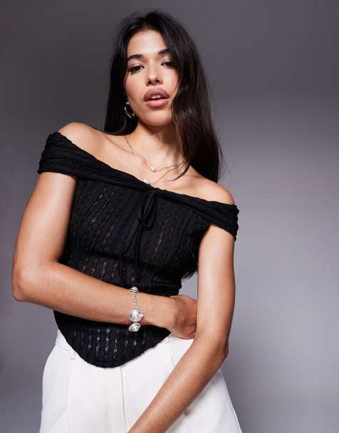 ASOS DESIGN textured off the shoulder short sleeve top with tie detail in black - view 1