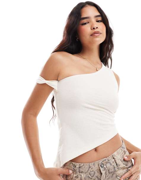 ASOS DESIGN textured one shoulder asymmetric top in ivory - view 1