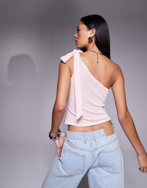 ASOS DESIGN textured one shoulder bow top in baby pink, 4 of 4
