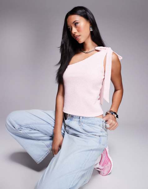 ASOS DESIGN textured one shoulder bow top in baby pink - view 1