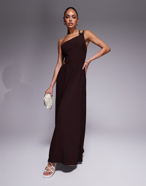 ASOS DESIGN textured one shoulder cut out waist with hardware detail maxi dress in chocolate - view 1