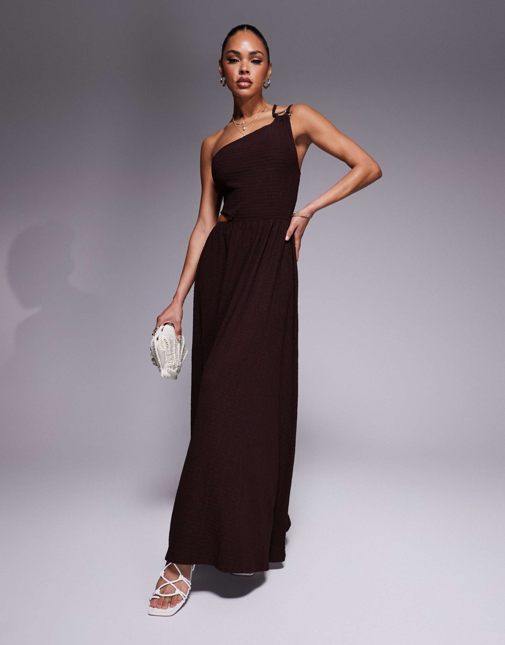 asos design textured one shoulder cut out waist with hardware detail maxi dress in chocolate