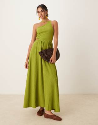 textured one-shoulder cut-out waist with hardware detail maxi dress in olive-Green