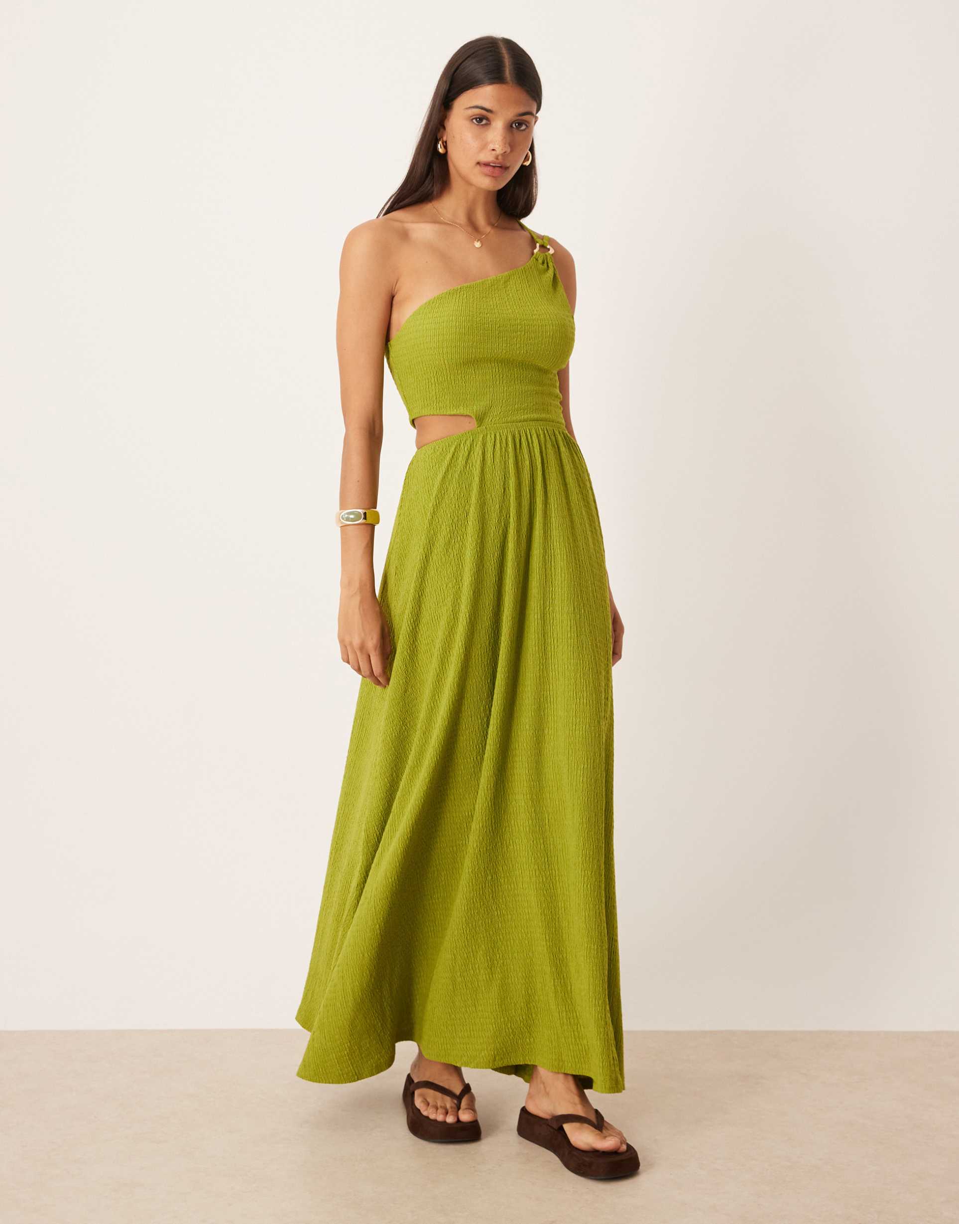 asos design textured one-shoulder cut-out waist with hardware detail maxi dress in olive