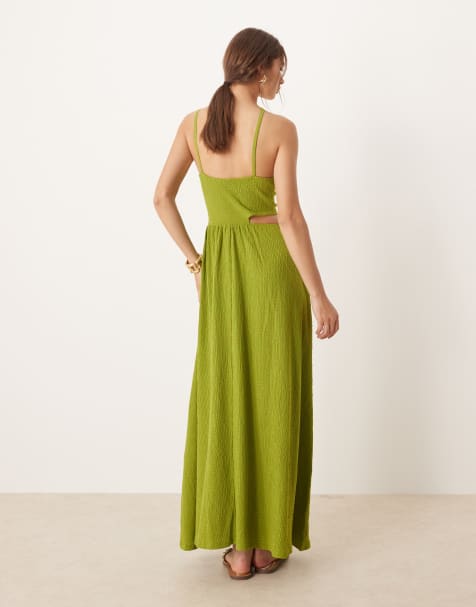 ASOS DESIGN textured one-shoulder cut-out waist with hardware detail maxi dress in olive - view 1