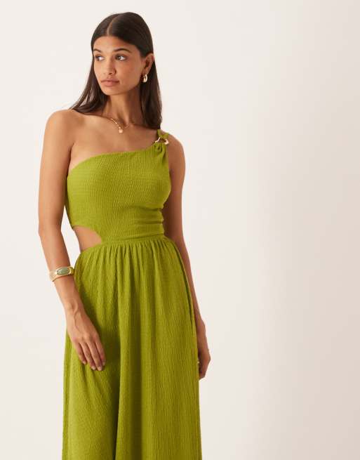 ASOS DESIGN textured one shoulder cut out waist with hardware detail maxi dress in olive, 2 of 4