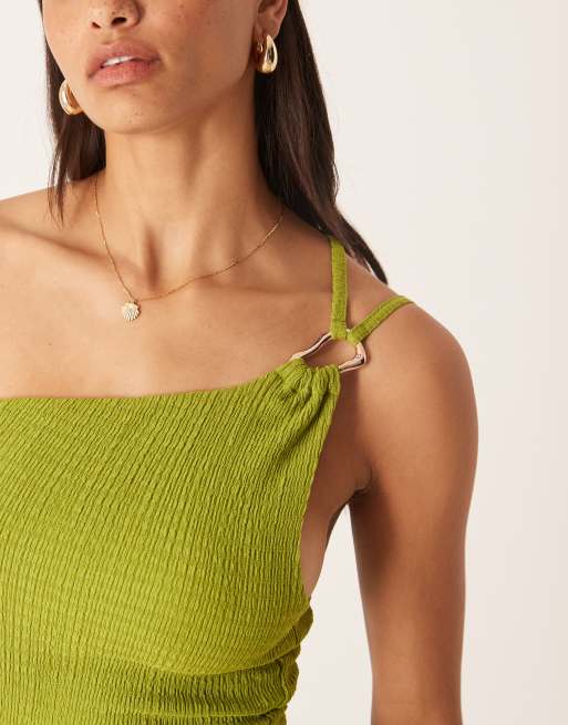 ASOS DESIGN textured one shoulder cut out waist with hardware detail maxi dress in olive, 3 of 4