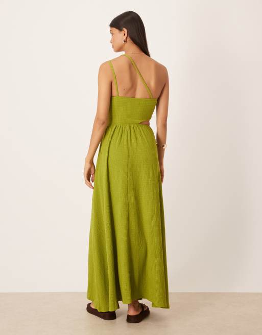 ASOS DESIGN textured one shoulder cut out waist with hardware detail maxi dress in olive, 4 of 4