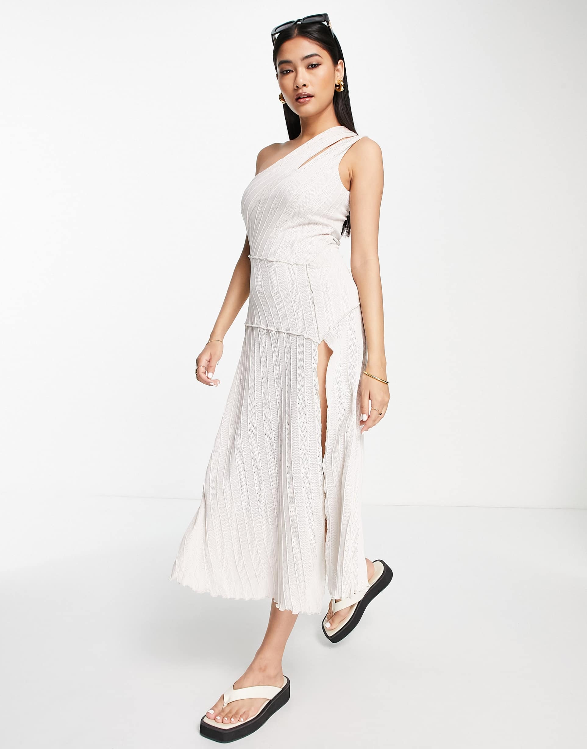 asos design textured one shoulder exposed seam detail midi dress in stone