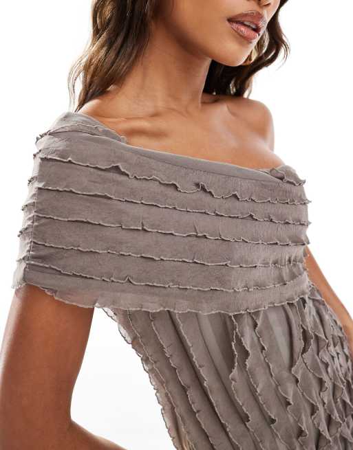ASOS DESIGN textured one shoulder maxi dress with cut out detail in brown, 2 of 4