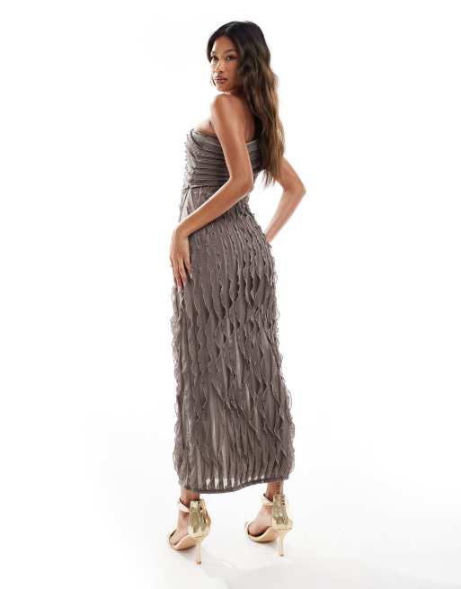 ASOS DESIGN textured one shoulder maxi dress with cut out detail in brown, 3 of 4