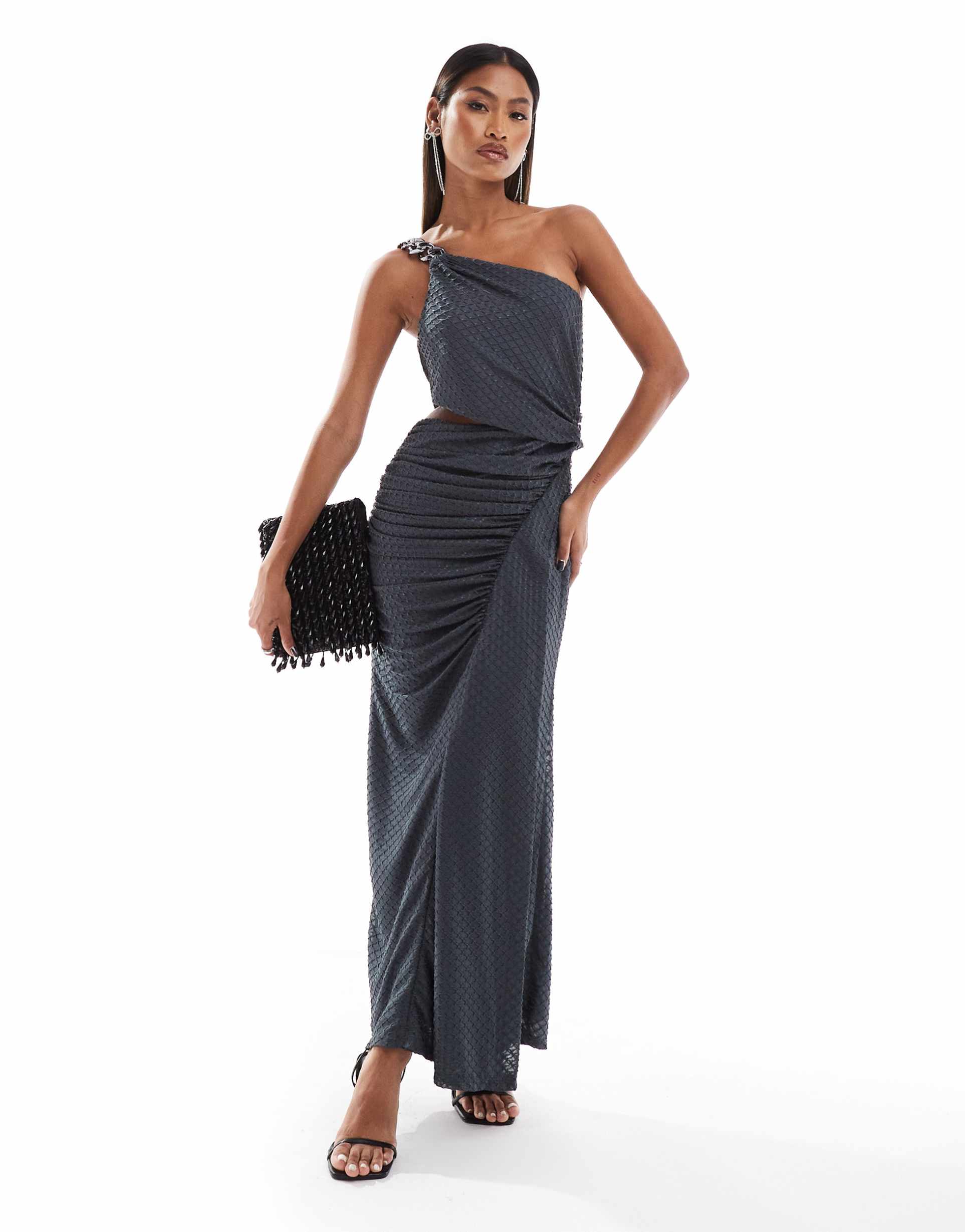 asos design textured one shoulder midi dress with silver chain in charcoal