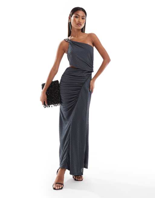 ASOS DESIGN textured one shoulder midi dress with silver chain in charcoal