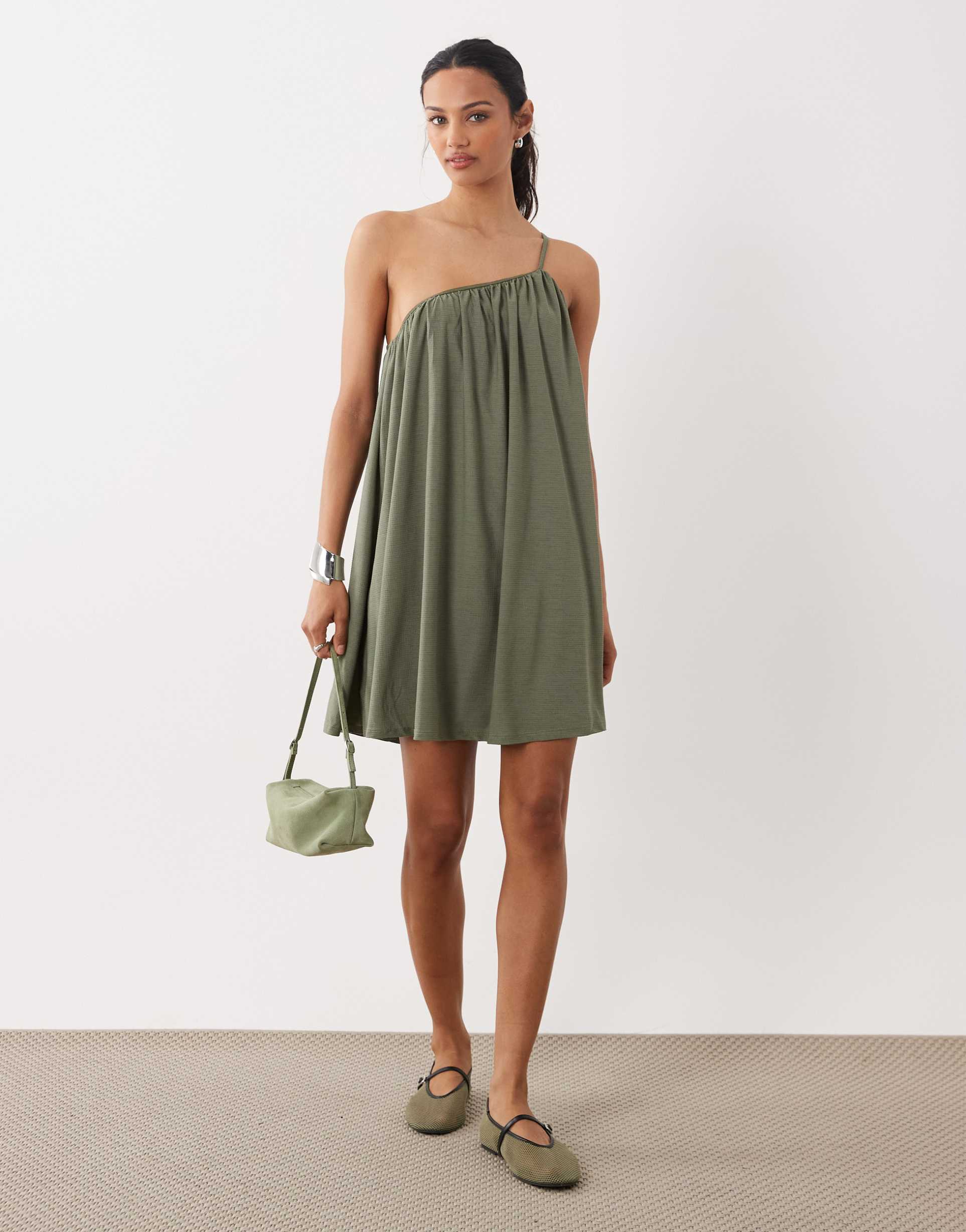asos design textured one shoulder mini dress in khaki green