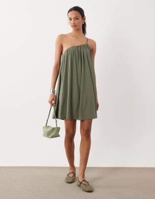 ASOS DESIGN textured one shoulder mini dress in khaki