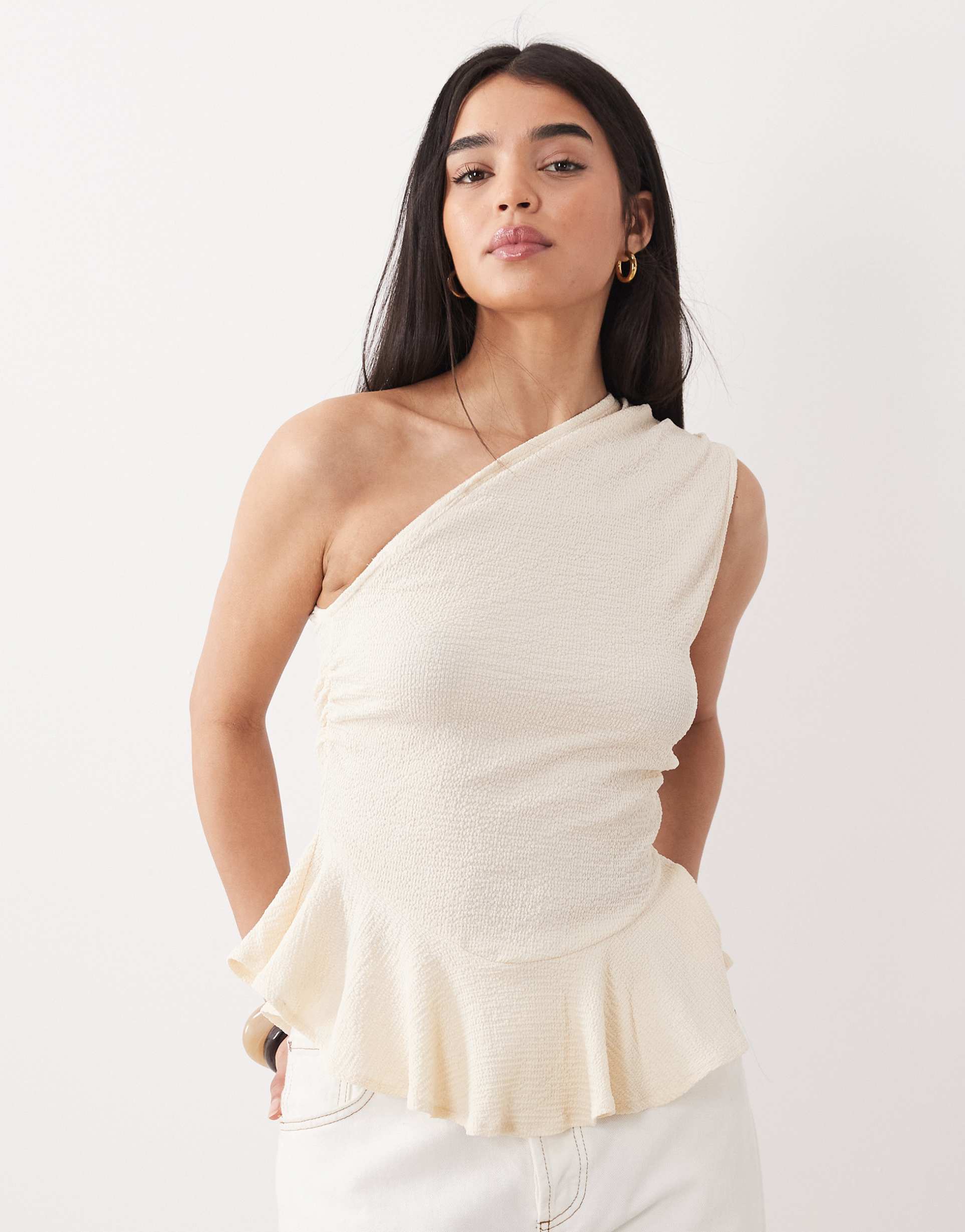 asos design textured one-shoulder peplum top in cream - part of a set